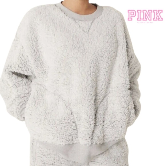 PINK Victoria Secret Sherpa Crew Oversized Sweatshirt - Grey - Size Small - Picture 1 of 11